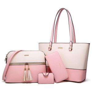 Conjunto de Bolsas Femininas em Couro Sintético 4 Peças com Carteira Lovematch Rosa e Bege