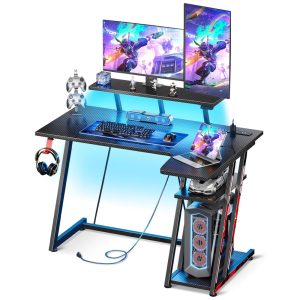 Mesa Gamer de Fibra de Carbono 39" 100 cm com Gancho para Fone de Ouvido 2 Tomadas 2 Portas USB Luz LED e Suporte para Monitor 110V MOTPK Preto