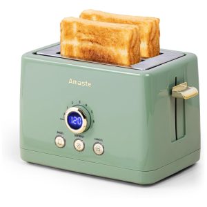 Torradeira Elétrica Retrô 2 Fatias com 6 Níveis de Tostagem em Aço Inoxidável e Painel Digital 110V 850W Amaste Verde