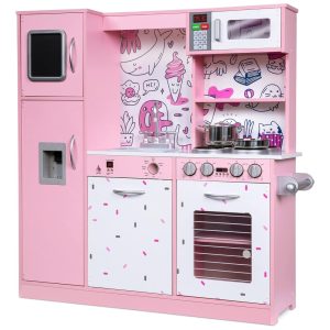 Cozinha Infantil em Madeira com Micro-ondas Máquina de Gelo a Bateria e Som Realista Lil Jumbl Rosa