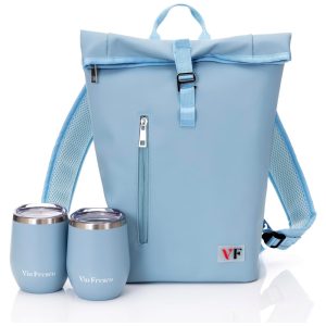 Bolsa Elegante para Duas Garrafas de Vinho em Couro com Rolha e Copos Combinando Leve e Compacta em Azul ClaroVin Fresco