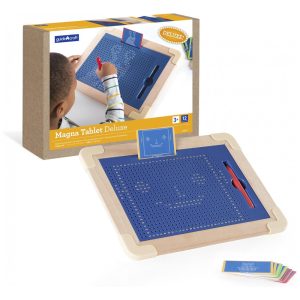 Tablet magnético Guidecraft Magna Tablet Deluxe azul em madeira e plástico com caneta magnética e 10 cartões de atividades para aprendizagem STEM