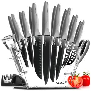 Conjunto de Facas em Aço Inoxidável com Bloco de Bancada 19 Peças PRINCHEF LT 109 Cinza