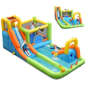 Parque Aquático Inflável 8 em 1 até 136 kg com Escorregador Longo e Piscina Gigante para Crianças Acima de 3 Anos BOUNTECH Colorido