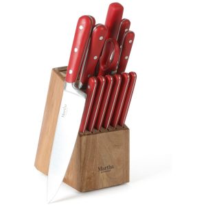 Conjunto de Facas em Aço Inoxidável com Bloco de Bancada 14 Peças Martha Stewart Vermelho