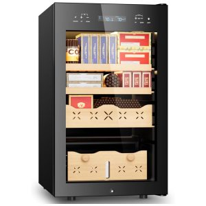 Umidor para Charutos Elétrico 65L com Capacidade para 500 Charutos Gaveta de Madeira em Cedro Espanhol e Display Digital LED 110V Mojgar Preto