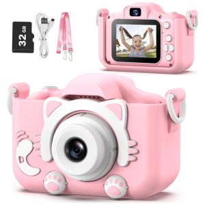 Câmera infantil Goopow para crianças de 3 a 8 anos com vídeo HD 1080p 12 MP zoom digital 8x 28 molduras divertidas jogos e cartão SD de 32 GB.
