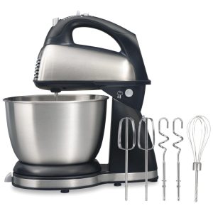 Mixer de Mão e Suporte Clássico Hamilton Beach 4 Litros 6 Velocidades com QuickBurst Descanso de Tigela 290 Watts de Potência Máxima Preto e Inox