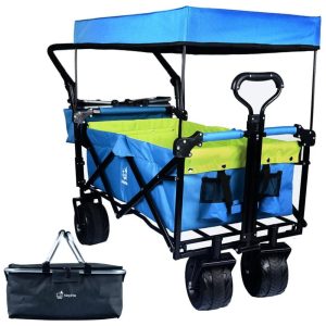 Carrinho Vagão Dobrável Multifuncional com Dossel Removível e Armazenamento Napfox Azul e Verde