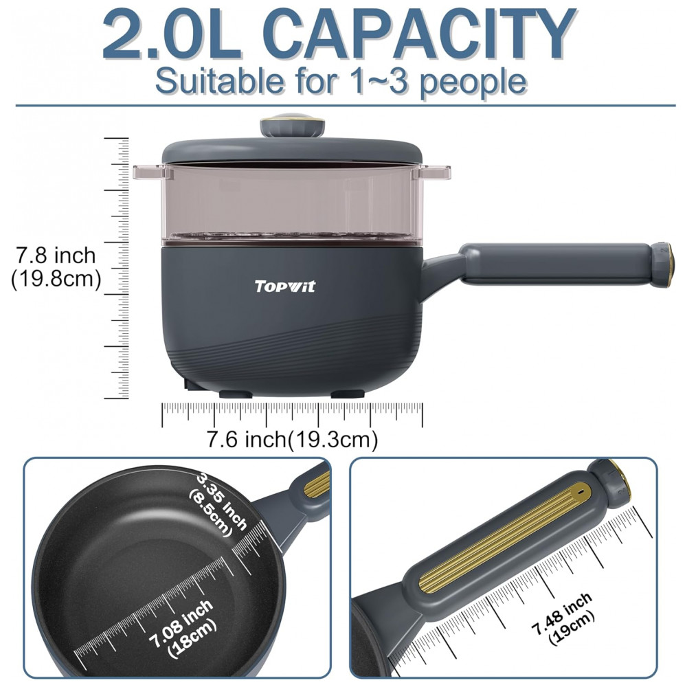 Panela Elétrica TOPWIT Hot Pot com Vaporizador Panela Elétrica Multifuncional de 2 Litros Frigideira Antiaderente Panela Portátil para Bife Arroz - Imagem 3