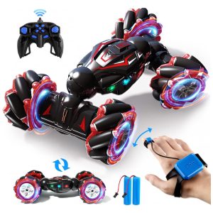 Carrinho de Controle Remoto e Sensor de Gestos RC 4WD com Música Luzes e Giratório de Dupla Face 360 Jovow Preto e Vermelho