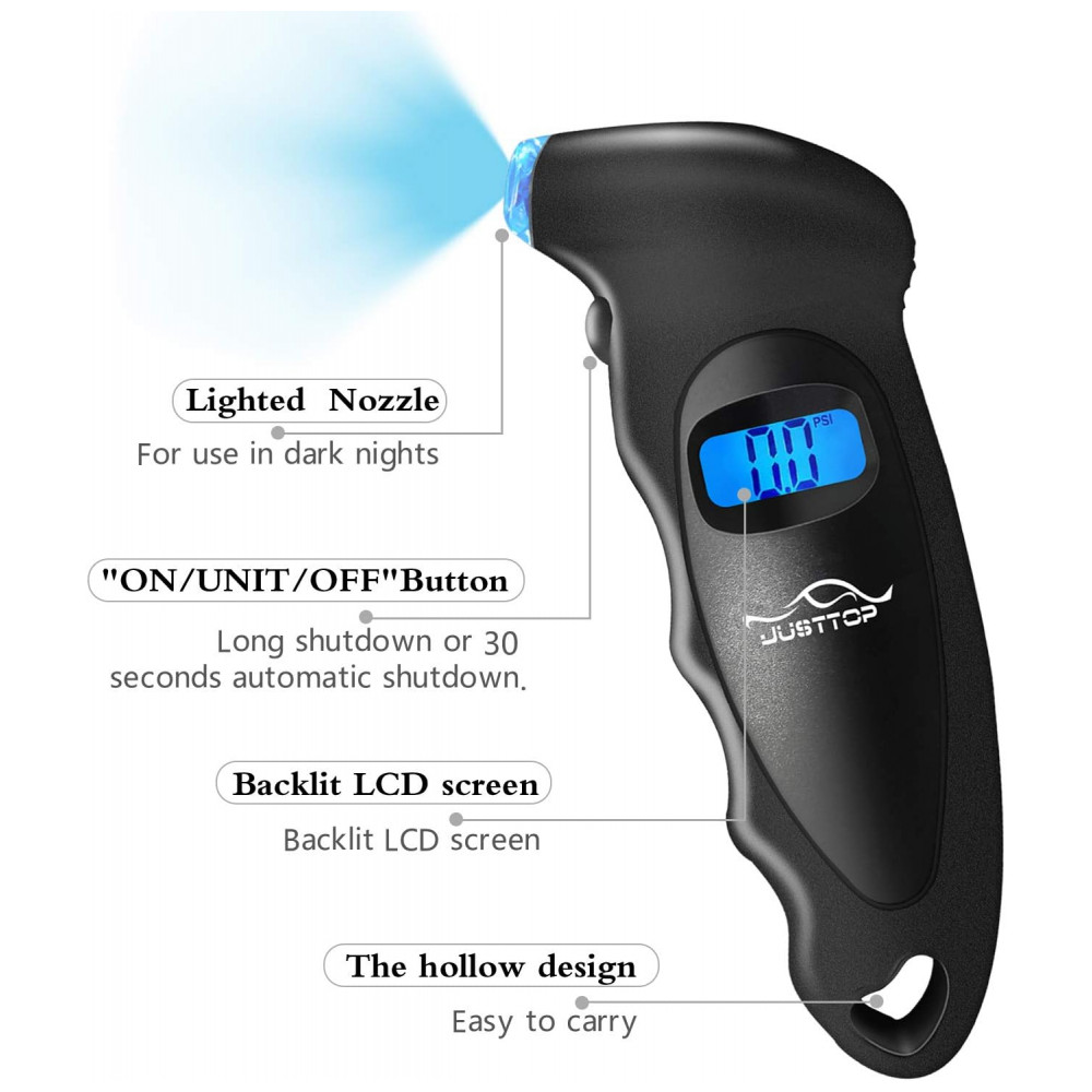 Medidor de Pressão de Pneus Digital JUSTTOP, 150PSI, 4 Configurações para Carros, Caminhões e Bicicletas, Display LCD Retroiluminado e Empunhadura - Imagem 2