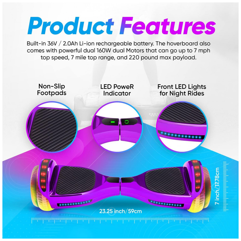 Hoverboard Emaxusa Roxo de 6,5 Polegadas para Crianças com Bluetooth, Rodas LED Estilo Túnel e Plataforma Antiderrapante - Imagem 2