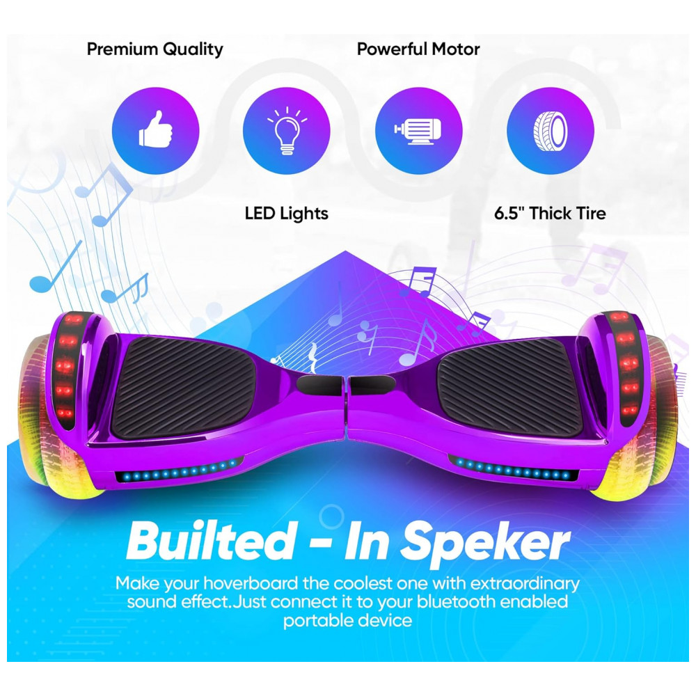 Hoverboard Emaxusa Roxo de 6,5 Polegadas para Crianças com Bluetooth, Rodas LED Estilo Túnel e Plataforma Antiderrapante - Imagem 3