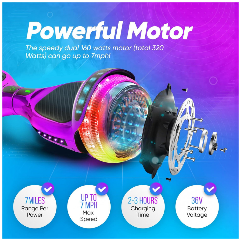 Hoverboard Emaxusa Roxo de 6,5 Polegadas para Crianças com Bluetooth, Rodas LED Estilo Túnel e Plataforma Antiderrapante - Imagem 5