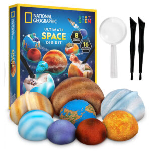 Kit Nacional de Escavação Espacial com Pedras e Gemas, 8 Planetas, 16 Amostras Reais, Ferramentas Inclusas, Aprendizado STEM National Geographic