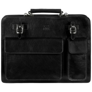 Bolsa Carteiro Masculina de Couro Italiano de Flor Integral para Laptop com 15 Polegadas Time Resistance Preta