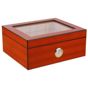 Umidor de Charuto Artesanal em Madeira de Shabelle com Umidificador e Higrômetro Tampa de Vidro e Capacidade para 20 CharutosNidivey