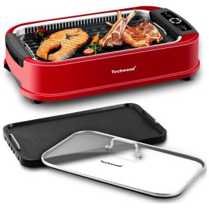 Churrasqueira Grill Elétrica com Tampa de Vidro Temperado e Placa Antiaderente 110V 1500W Techwood Vermelha