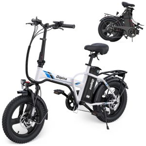 Bicicleta elétrica Vivi Gopina 16" x 3.0 pneu largo potência máxima de 500W bateria removível de 48V autonomia de até 64km tela LCD 32km/h 7 velocidades certificação UL 2849 Branca e Azul