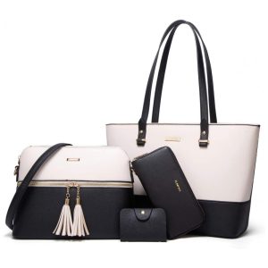 Conjunto de Bolsas Femininas em Couro Sintético 4 Peças com Carteira Lovematch Preto e Bege