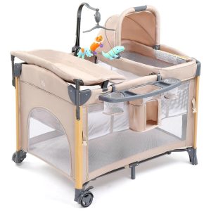 Berço Cercado Portátil com Trocador Colchão Lençol Dossel Prateleira e Brinquedo Suspenso JOYMOR Bege
