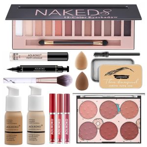 Kit de Maquiagem Profissional 12 Cores AOLIKOKO Sombras Matte Shimmer Base Primer Batom Líquido Corretivo Blush Máscara Delineador Pincel