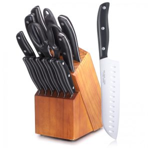 Conjunto de Facas em Aço Inoxidável com Bloco de Bancada e Afiador Embutido 15 Peças Aoresac Preto