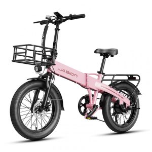 Bicicleta Elétrica Dobrável Jasion EB6 Rosa com Cesta Dianteira 1000W Bateria Embutida Removível 48V 375Wh Pneus 20" Fat Tire 7 Marchas 110V