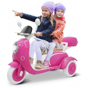 Moto Elétrica Infantil Letsgoride 12V Rosa 2 Lugares 3 Rodas com Controle Remoto Baú Bluetooth LED e Buzina 2x50W