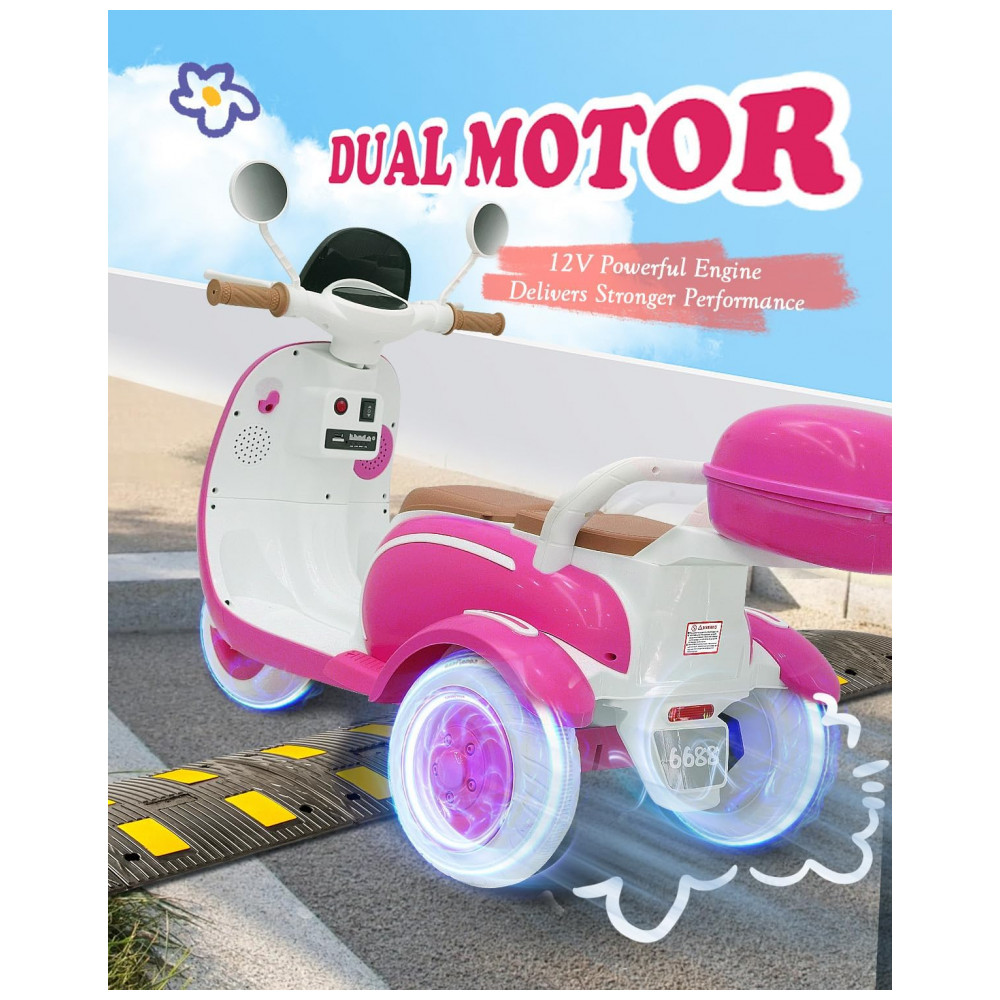 Moto Elétrica Infantil Letsgoride 12V Rosa 2 Lugares 3 Rodas com Controle Remoto Baú Bluetooth LED e Buzina 2x50W - Imagem 2