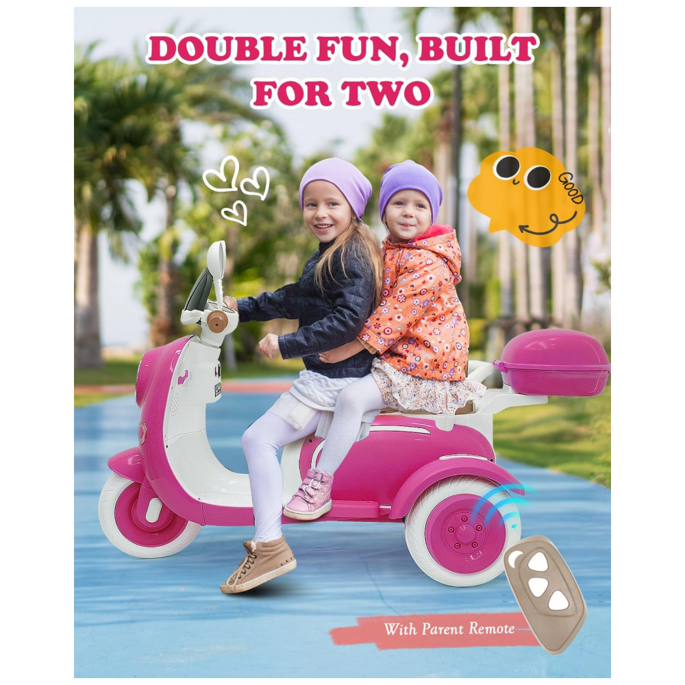 Moto Elétrica Infantil Letsgoride 12V Rosa 2 Lugares 3 Rodas com Controle Remoto Baú Bluetooth LED e Buzina 2x50W - Imagem 3