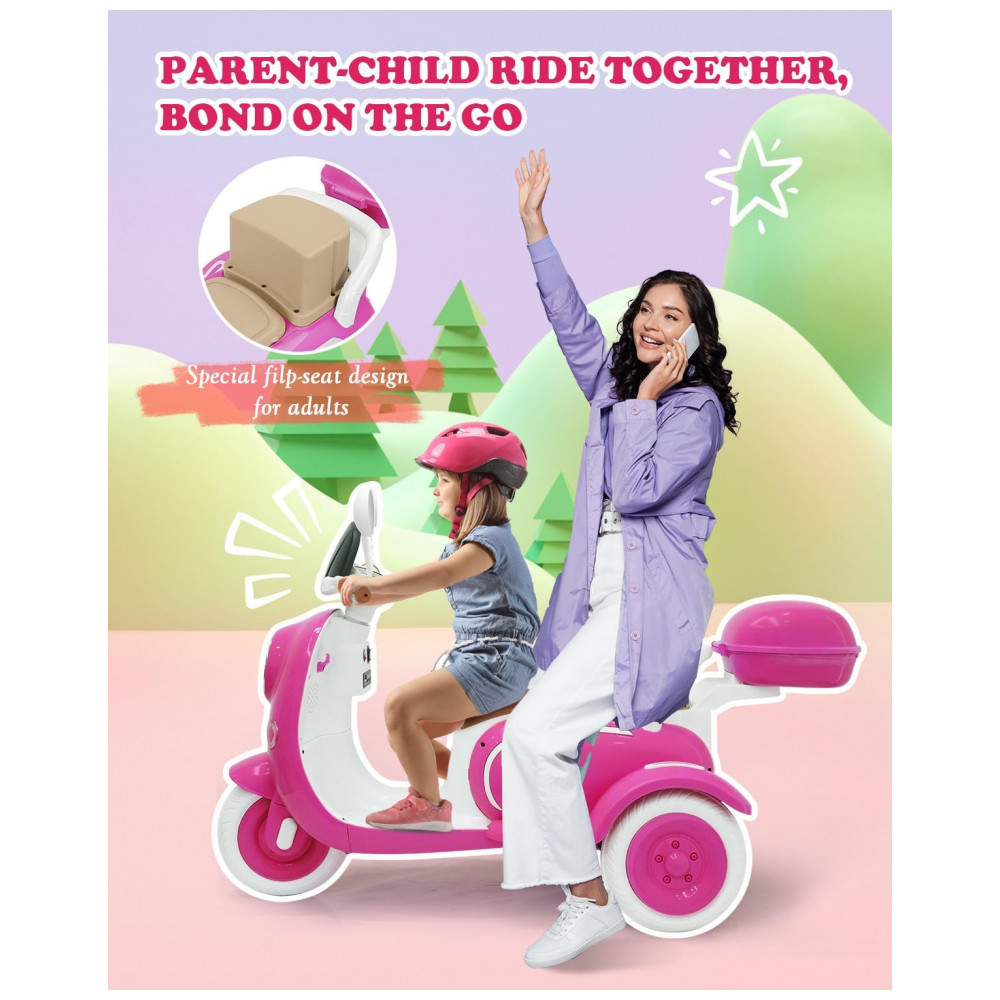 Moto Elétrica Infantil Letsgoride 12V Rosa 2 Lugares 3 Rodas com Controle Remoto Baú Bluetooth LED e Buzina 2x50W - Imagem 4