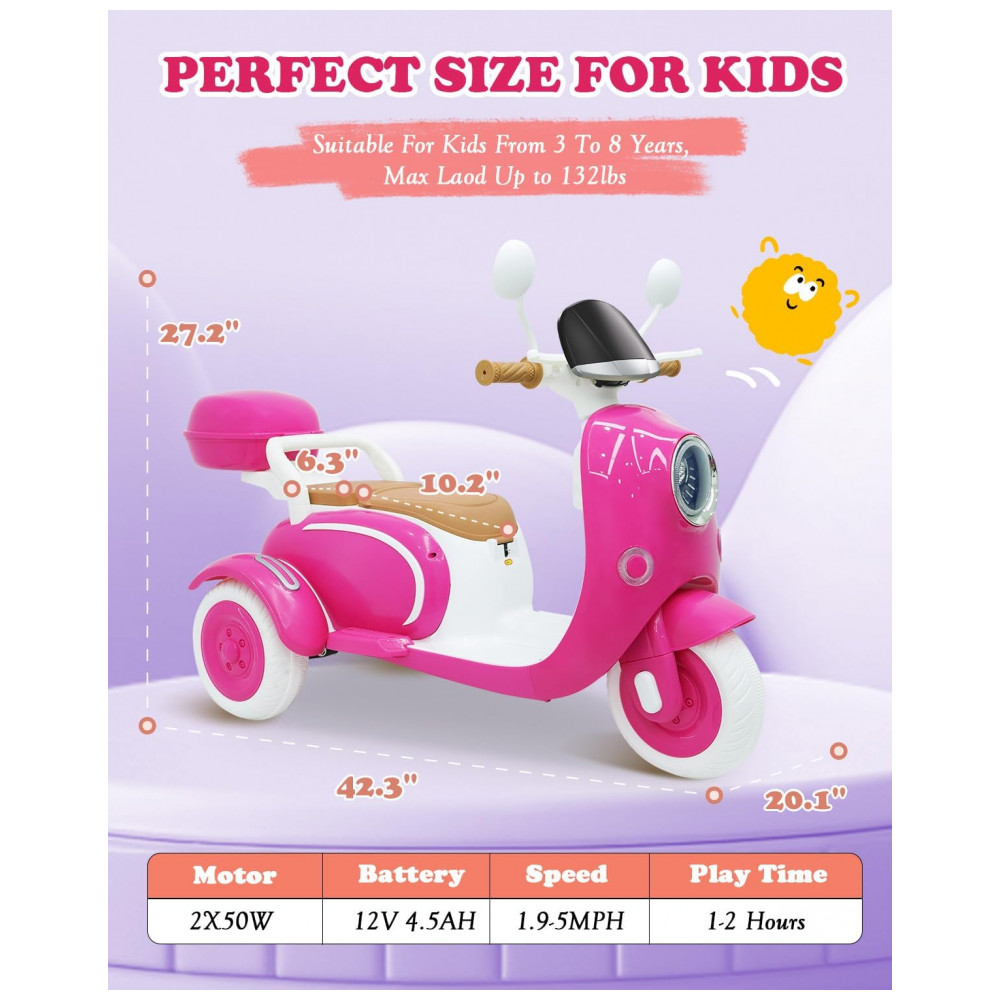 Moto Elétrica Infantil Letsgoride 12V Rosa 2 Lugares 3 Rodas com Controle Remoto Baú Bluetooth LED e Buzina 2x50W - Imagem 6