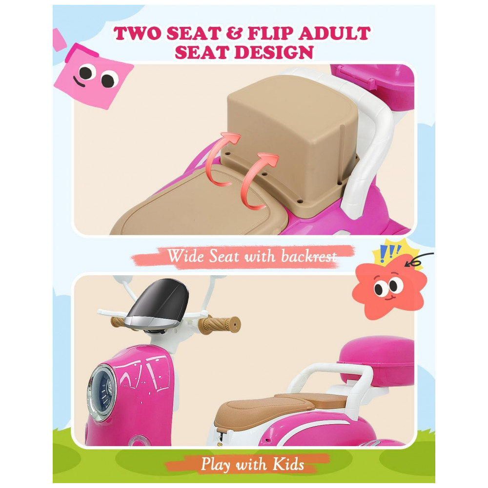 Moto Elétrica Infantil Letsgoride 12V Rosa 2 Lugares 3 Rodas com Controle Remoto Baú Bluetooth LED e Buzina 2x50W - Imagem 7