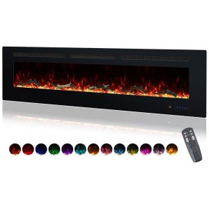 Lareira Elétrica Valuxhome de 18288 cm Embutida na Parede com 13 Cores de Chamas Troncos e Cristais Realistas Temperatura Ajustável de 17°C a 30
