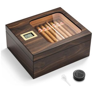Umidor de Charutos OTAKOKIT Caixa de Cedro com Design Moderno de Vidro e Higrômetro Digital Umidificador Bandeja e Divisor de Cedro Armazena 25-50