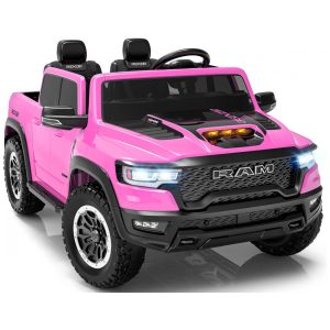 Carro Elétrico Infantil RAM 1500 24V Rosa 2 Lugares com Controle Remoto Bluetooth Luzes LED Baú e Cinto de Segurança