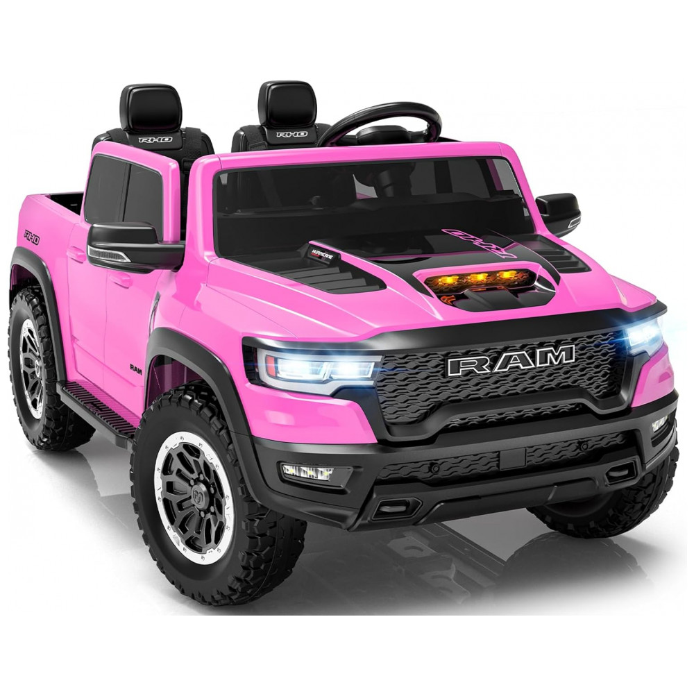 Carro Elétrico Infantil RAM 1500 24V Rosa 2 Lugares com Controle Remoto, Bluetooth, Luzes LED, Baú e Cinto de Segurança