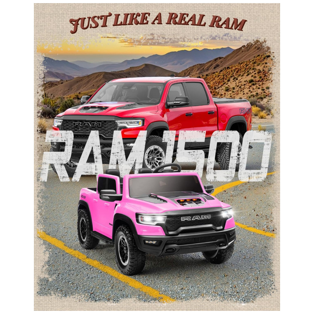 Carro Elétrico Infantil RAM 1500 24V Rosa 2 Lugares com Controle Remoto, Bluetooth, Luzes LED, Baú e Cinto de Segurança - Imagem 2