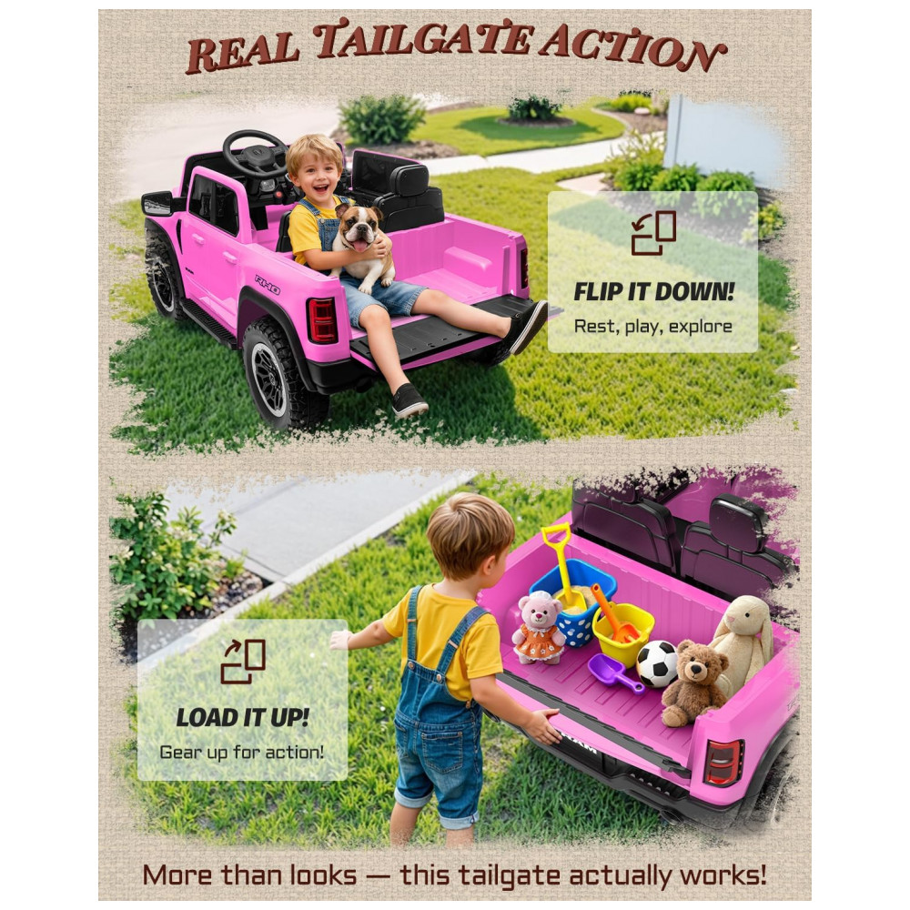 Carro Elétrico Infantil RAM 1500 24V Rosa 2 Lugares com Controle Remoto, Bluetooth, Luzes LED, Baú e Cinto de Segurança - Imagem 3