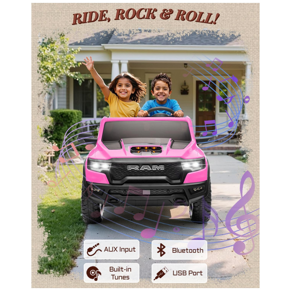 Carro Elétrico Infantil RAM 1500 24V Rosa 2 Lugares com Controle Remoto, Bluetooth, Luzes LED, Baú e Cinto de Segurança - Imagem 4