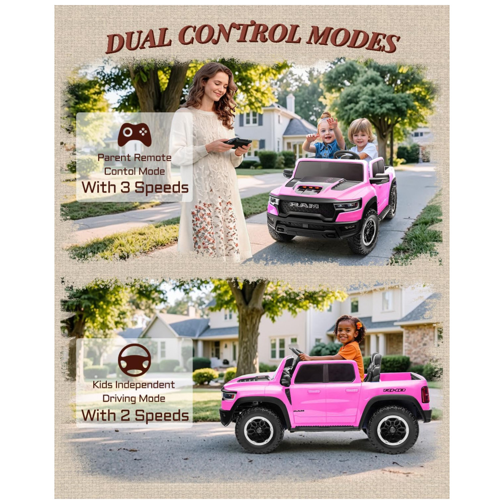 Carro Elétrico Infantil RAM 1500 24V Rosa 2 Lugares com Controle Remoto, Bluetooth, Luzes LED, Baú e Cinto de Segurança - Imagem 5