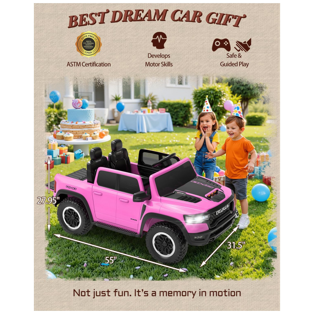 Carro Elétrico Infantil RAM 1500 24V Rosa 2 Lugares com Controle Remoto, Bluetooth, Luzes LED, Baú e Cinto de Segurança - Imagem 6