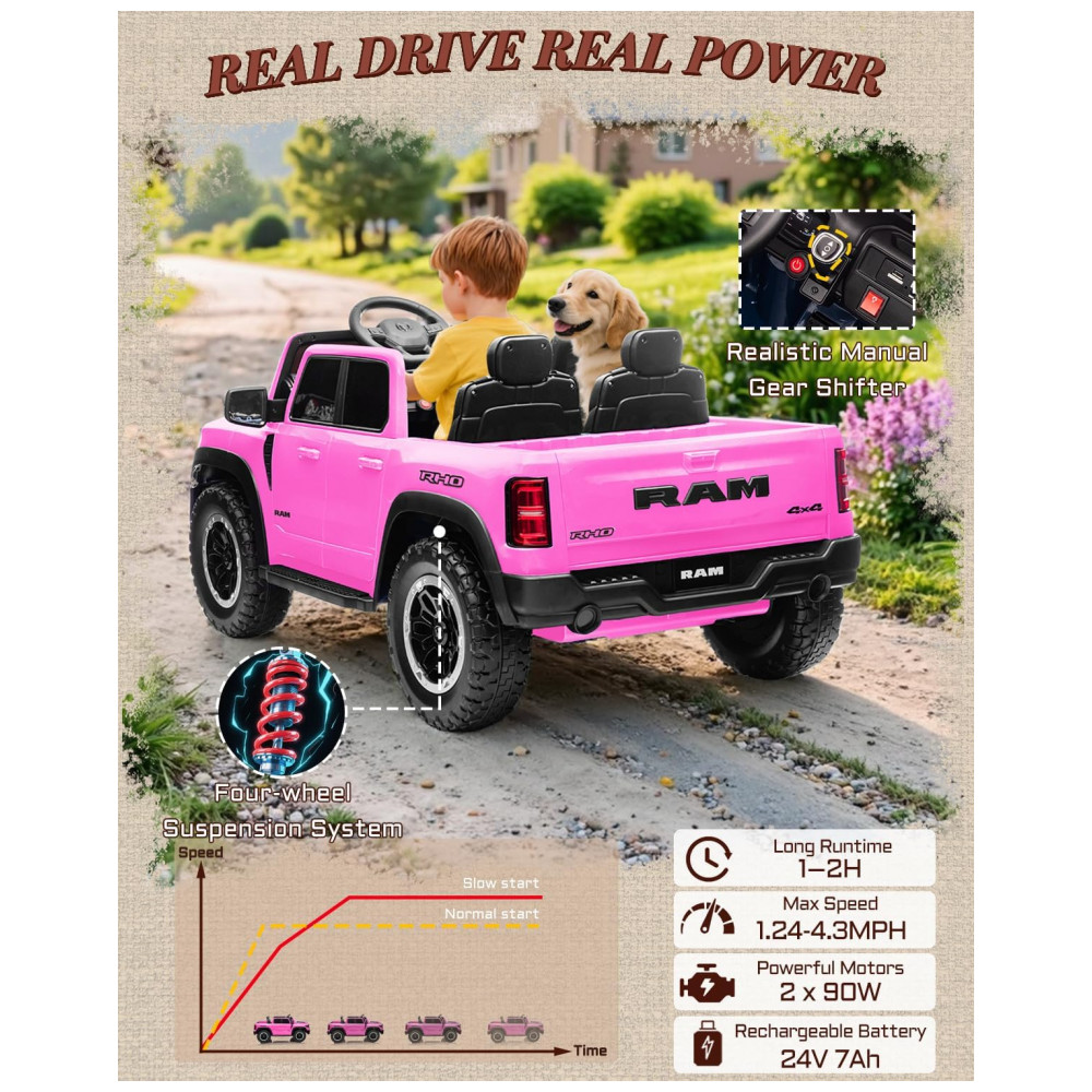 Carro Elétrico Infantil RAM 1500 24V Rosa 2 Lugares com Controle Remoto, Bluetooth, Luzes LED, Baú e Cinto de Segurança - Imagem 7