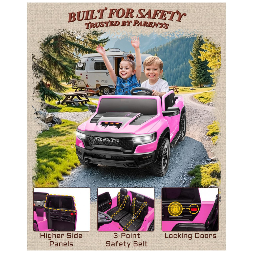 Carro Elétrico Infantil RAM 1500 24V Rosa 2 Lugares com Controle Remoto, Bluetooth, Luzes LED, Baú e Cinto de Segurança - Imagem 8