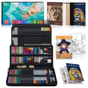 Kit de arte 240 peças Kird Barken com lápis grafite cor aquarela metálico fluorescente arco-íris sketchbooks e estojo