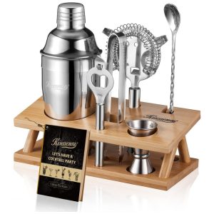 Kit Bartender Profissional 6 Peças em Aço Inoxidável com Suporte de Bambu KITESSENSU Prata