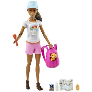 Boneca Barbie para Caminhadas com Cachorro 9 acessórios Incluindo Mochila para Transporte de Animais de Estimação
