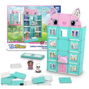 Conjunto de Construção Magnética Tile Town Gabbys Dollhouse 35 Peças Brinquedo Interativo STEM de Telhas Magnéticas Inclui Figuras de Gabby e Pandy